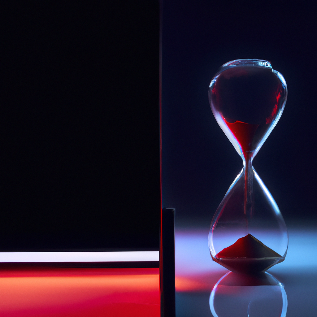 Abstract minimalist time management illustration: split dark/light interface with an hourglass and course dashboard elements