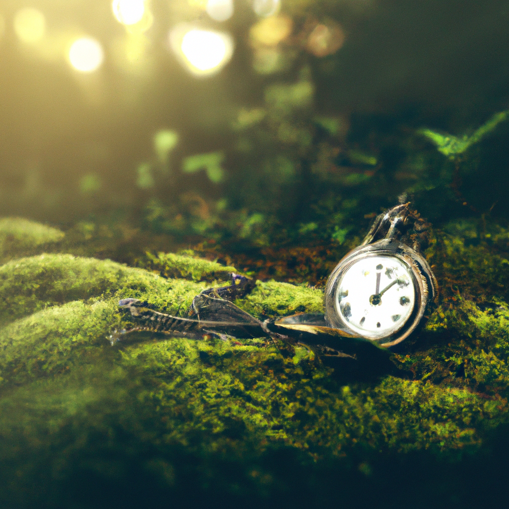 Vintage pocket watch resting on moss in a sunlit wildwood forest